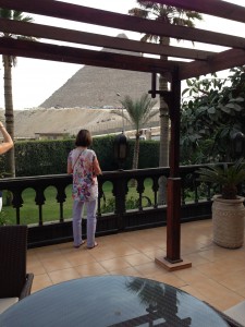 Oberoi Mena House Cairo. Barbara enjoys the view from the Presidential suite.